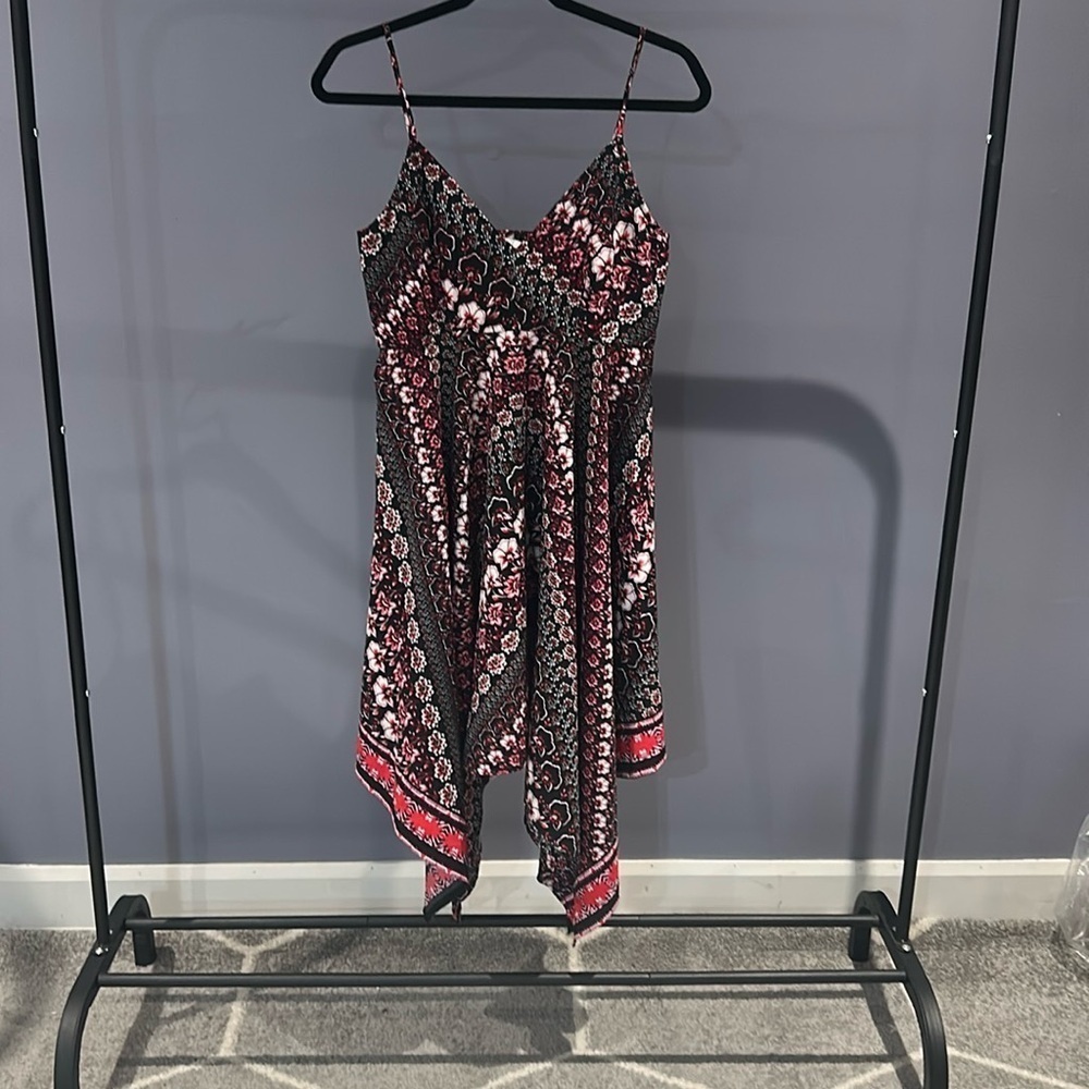 Dex Red & Black Floral Handkerchief Dress